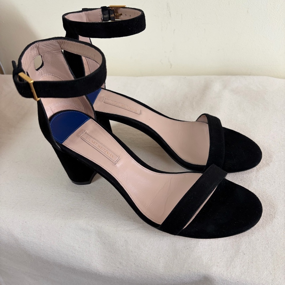 Stuart Weitzman sandals sz 8 Black Suede Ankle-Strap Block Heels - Picture 11 of 11